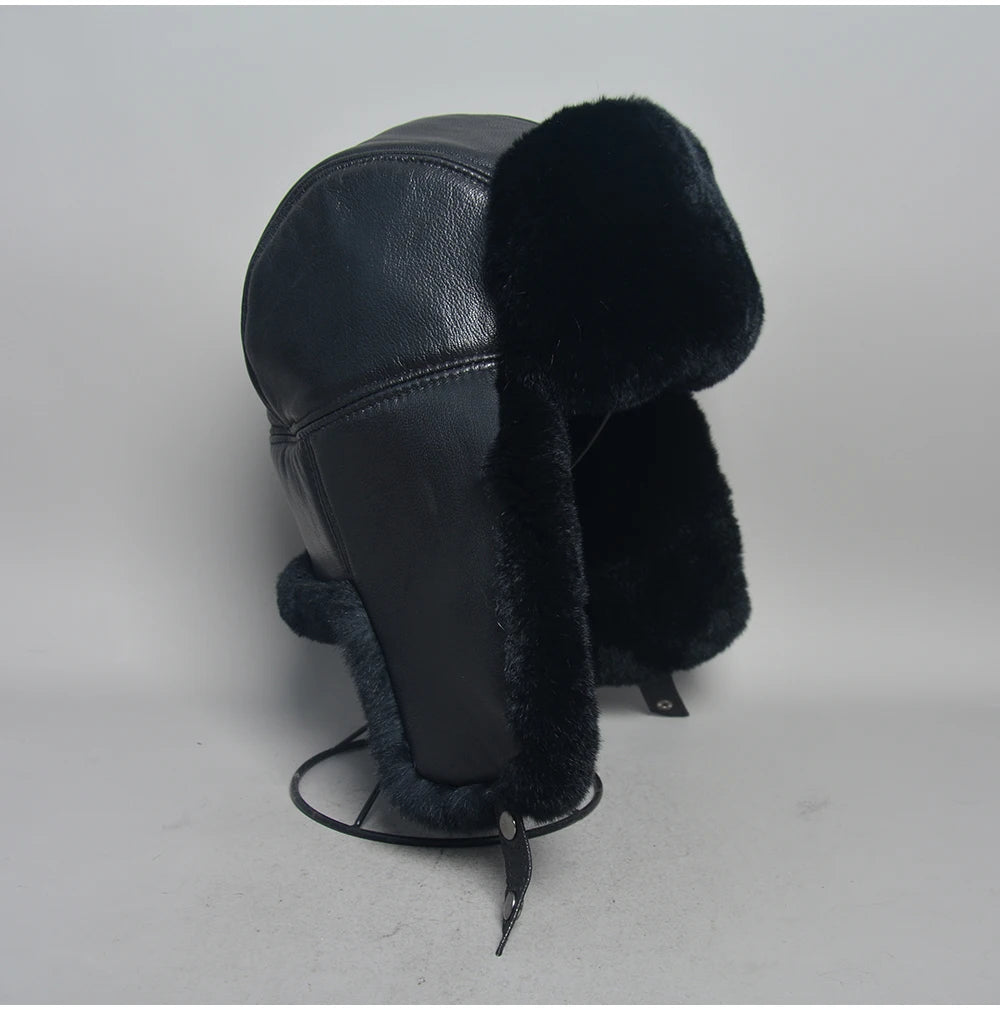 Novo unissex real rex pele de coelho bombardeiro chapéu ushanka boné trapper russo das mulheres dos homens chapéus de esqui bonés de couro de pele de carneiro real inverno quente