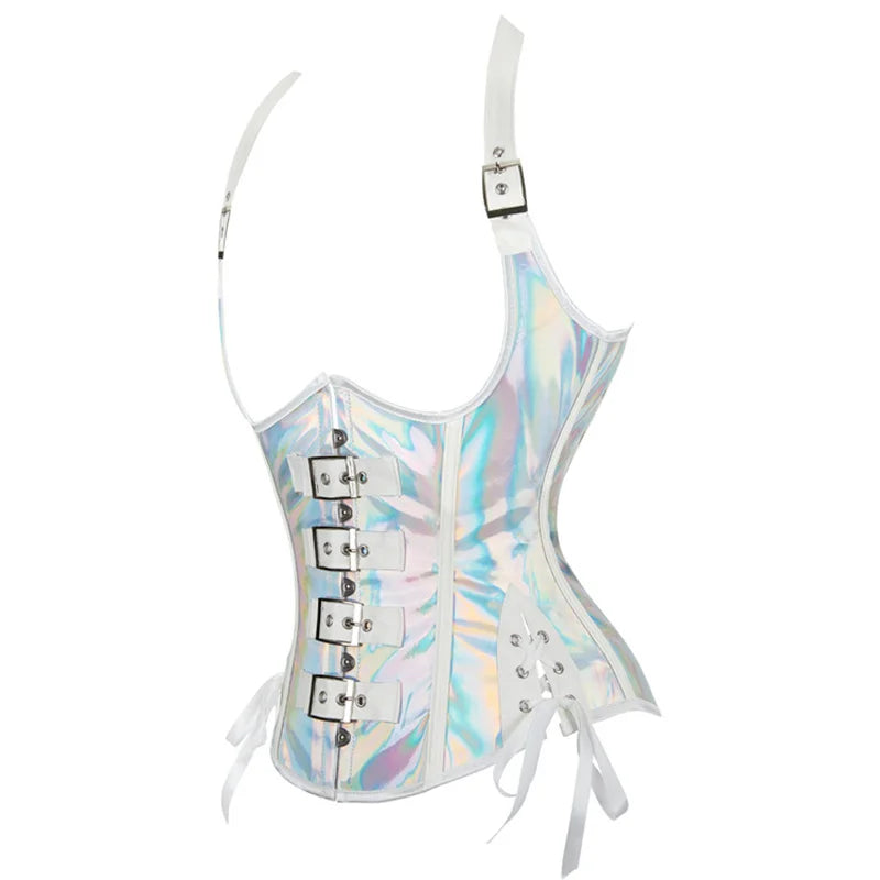 Mulheres preto underbust espartilho topos sexy halter plutônio falso couro cintura trainer corpo shaper corselet colete preto prata