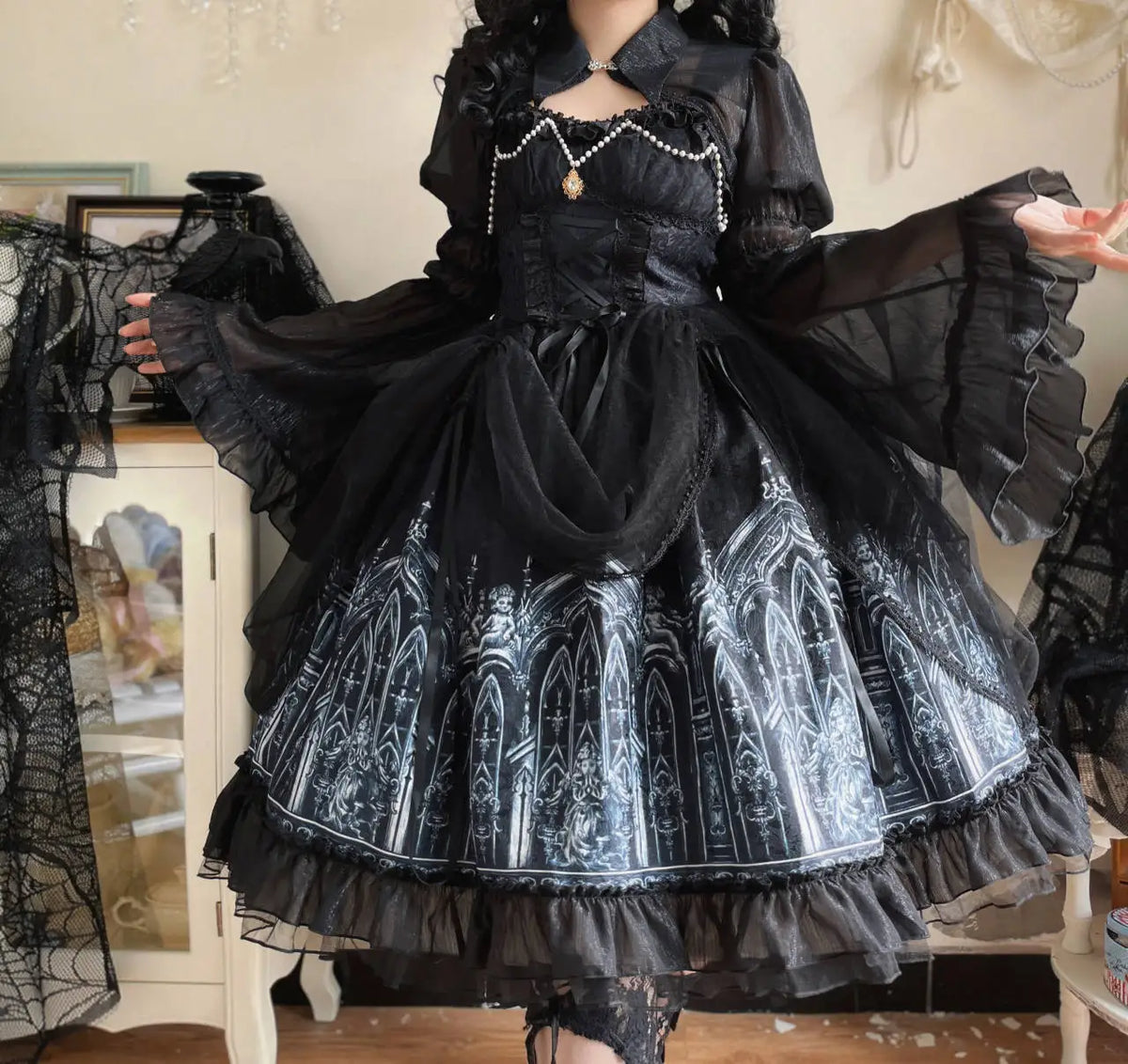Original halloween lolita vestido nova primavera e verão feminino meninas escuro gótico jsk vestido manga alargamento capa camisa