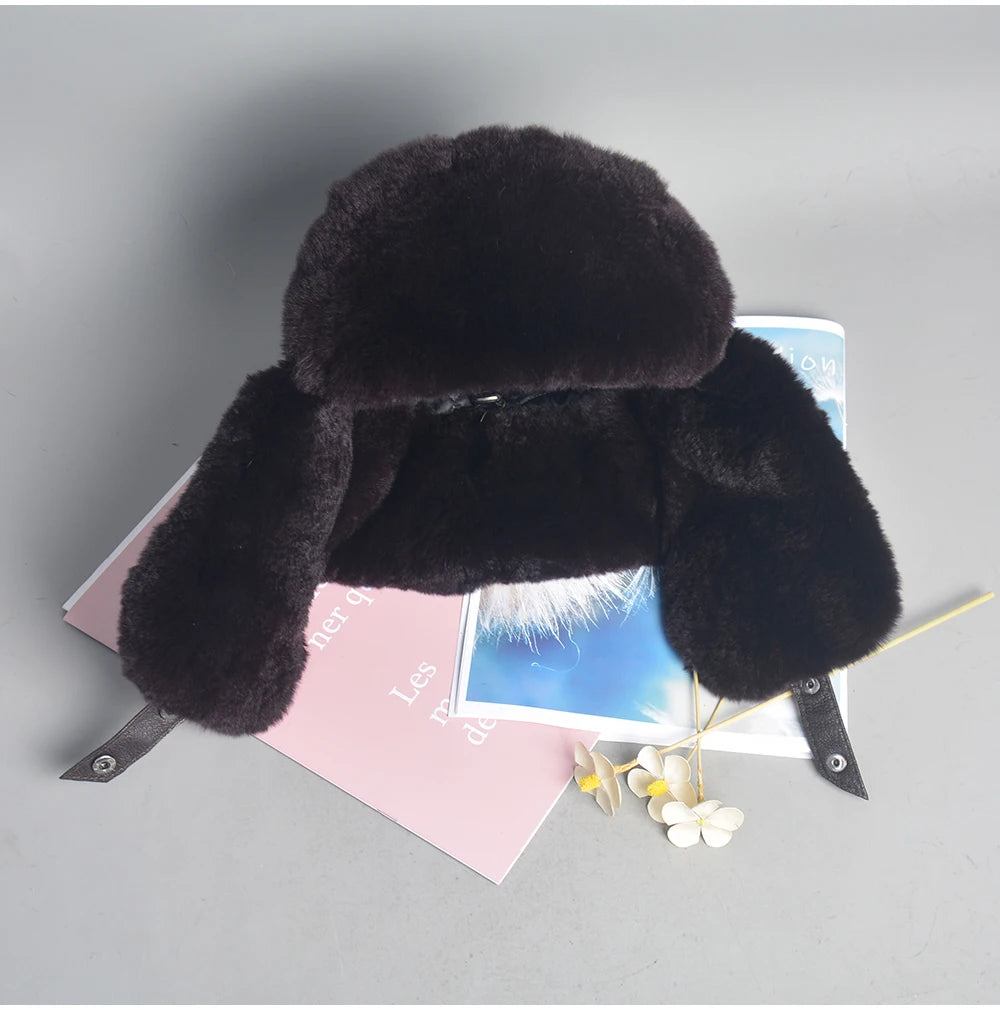 Novo unissex real rex pele de coelho bombardeiro chapéu ushanka boné trapper russo das mulheres dos homens chapéus de esqui bonés de couro de pele de carneiro real inverno quente