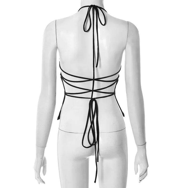 Laço de volta espartilho topo pescoço-montado colheita topo feminino roupas ousado y2k acessórios sem costas sexy clube outfit camison verano ropa mujer