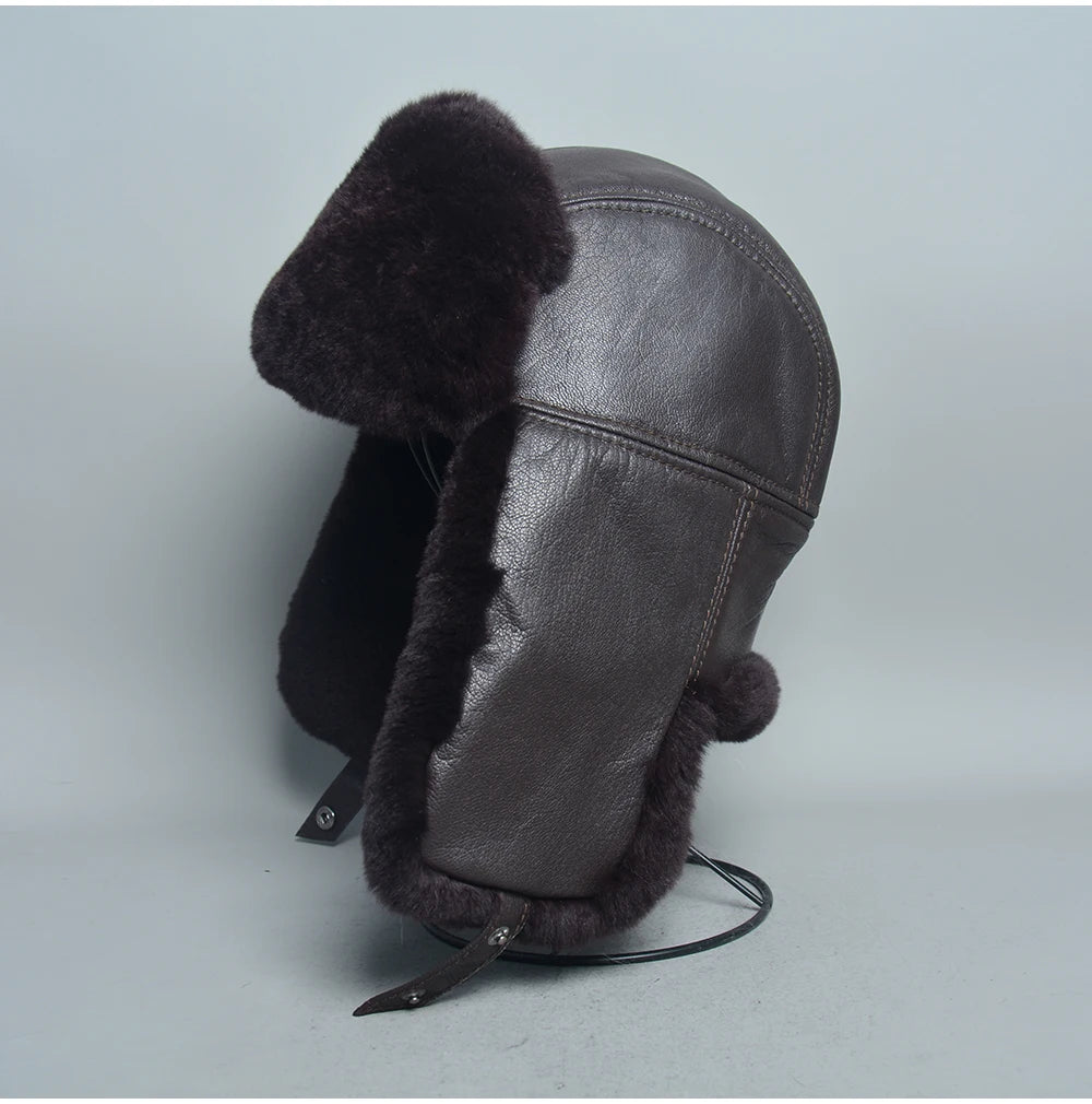 Novo unissex real rex pele de coelho bombardeiro chapéu ushanka boné trapper russo das mulheres dos homens chapéus de esqui bonés de couro de pele de carneiro real inverno quente