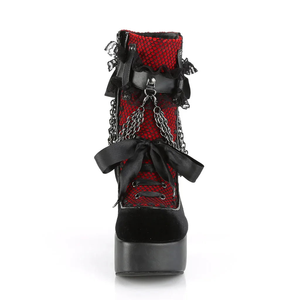 Estilo gótico corrente rendas até arco botas curtas femininas retro dedo do pé redondo salto quadrado plataforma grossa tornozelo botas punk senhoras sapatos de festa