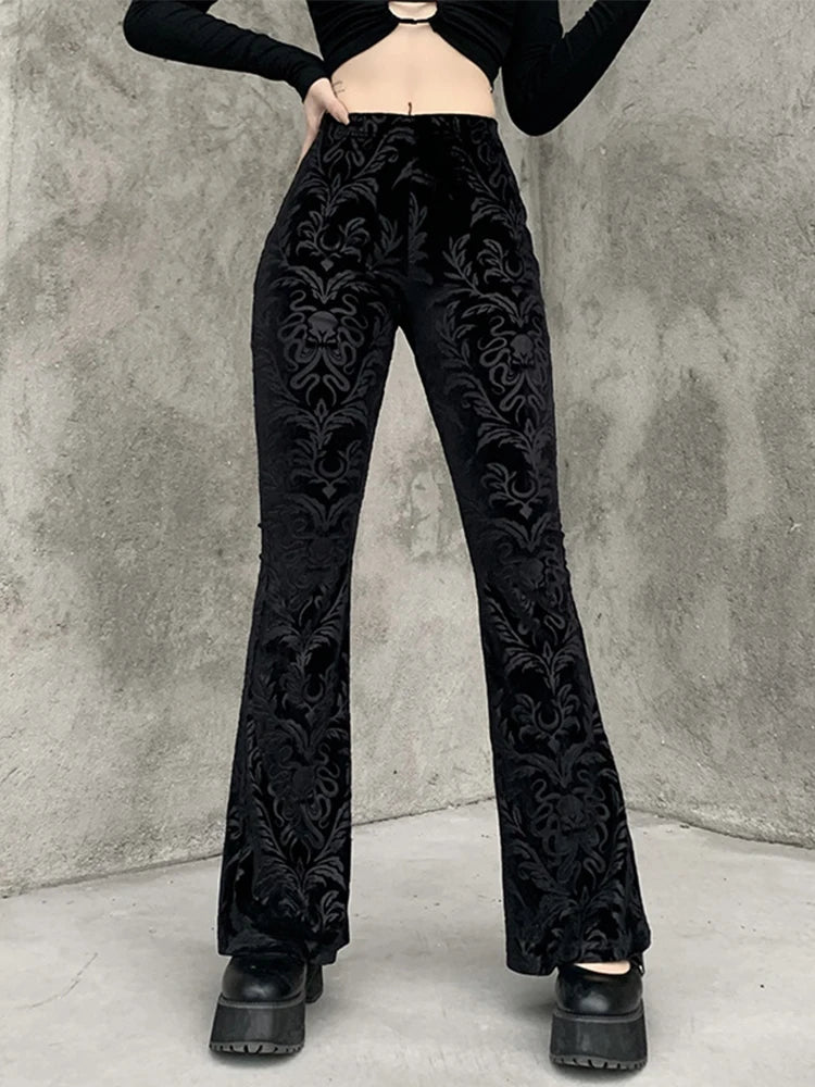 AltGoth-Calças vintage de veludo gótico escuro feminino, cintura alta, monocromática, preta, casual, flare, Harajuku, streetwear feminino, Y2K