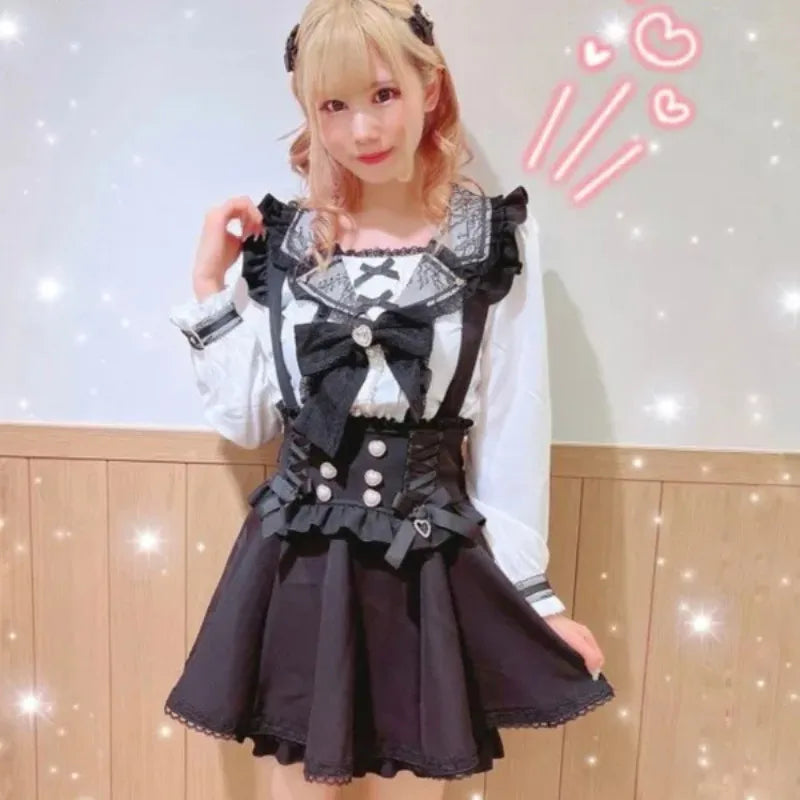 Saia Curta de Suspensório com Laço Estilo Gótico Japonês Lolita, Saia Xadrez Doce e Fofa para Meninas, Saia Mini em A com Renda, verão2026, preta sólida, kawaii