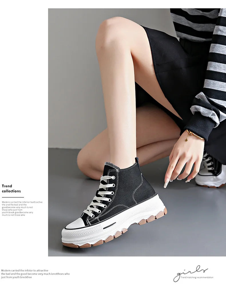 2024 novas mulheres tênis de alta qualidade rendas-up casual plarform altura lona antiderrapante resistente ao desgaste primavera feminino vulcanizar sapatos