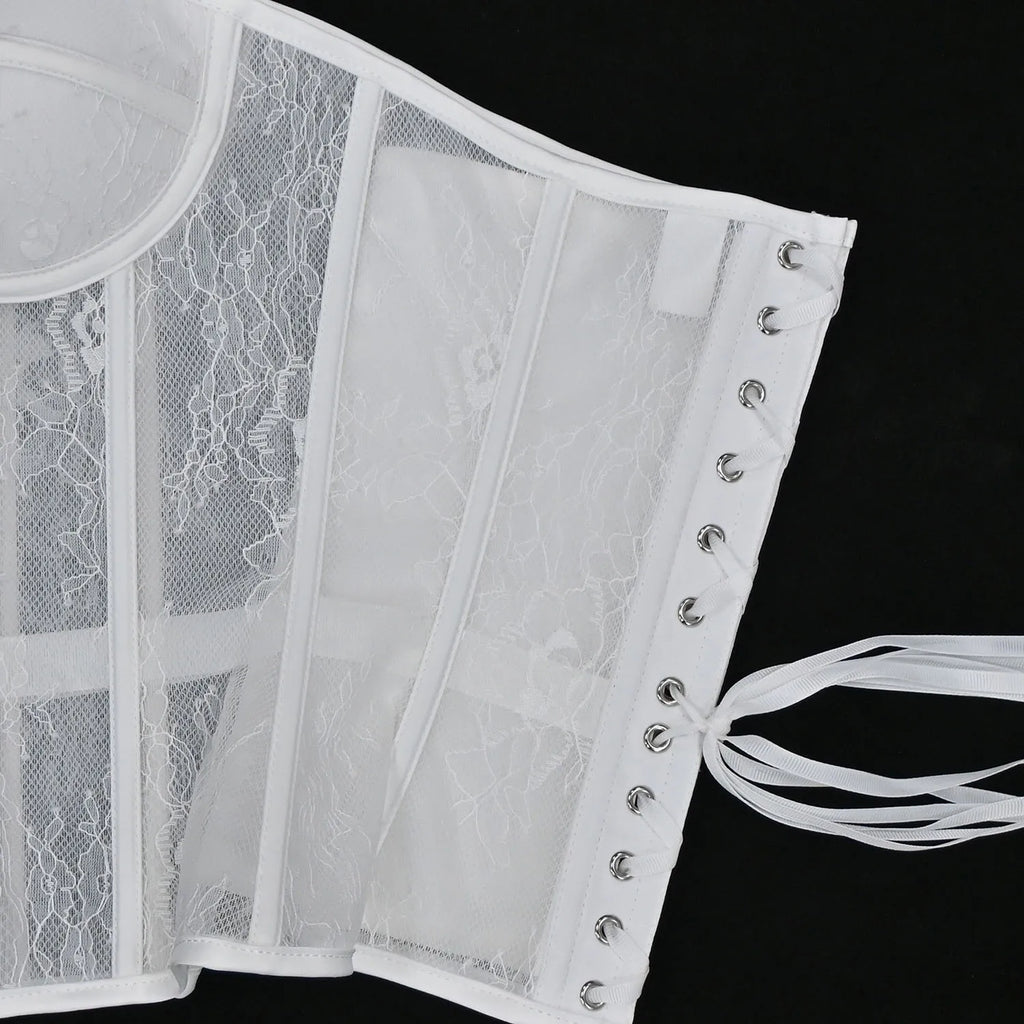 Aço osso korset mulher oco para fora sutiã de renda sem alças bustier superior malha lingerie feminina preto branco biege espartilho