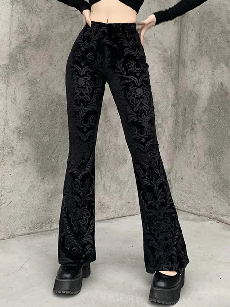AltGoth-Calças vintage de veludo gótico escuro feminino, cintura alta, monocromática, preta, casual, flare, Harajuku, streetwear feminino, Y2K