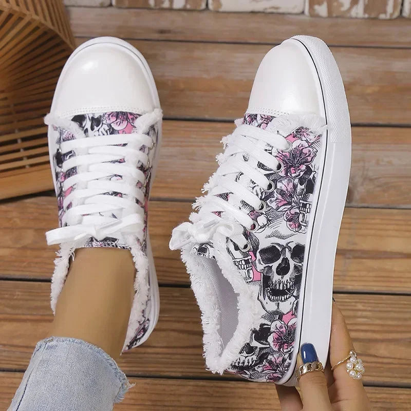 Crânio feminino morcego padrão sapatos vulcanizados sapatos planos moda rendas até tênis feminino casual respirável sapato de lona 2024