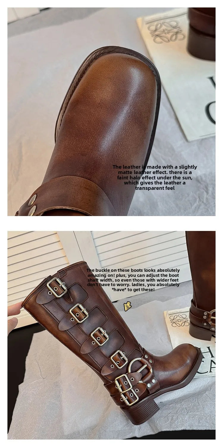 Botas Altas de Couro Genuíno para Mulheres com Fivela de Metal, Bico Quadrado, Estilo Punk, Salto Grosso, Botas de Motociclista
