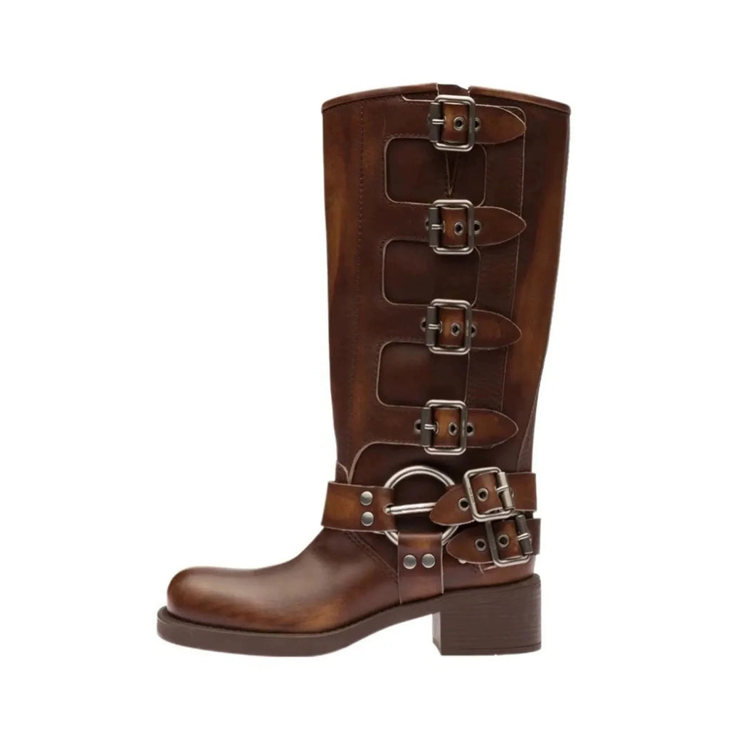 Botas Altas de Couro Genuíno para Mulheres com Fivela de Metal, Bico Quadrado, Estilo Punk, Salto Grosso, Botas de Motociclista