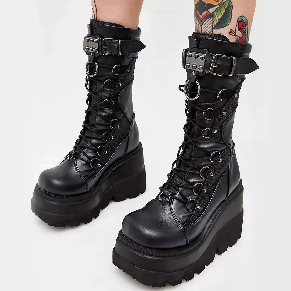 Nova marca senhoras botas de plataforma goth moda rebite fivela punk cunhas salto alto botas femininas festa rua cosplay mulher sapatos