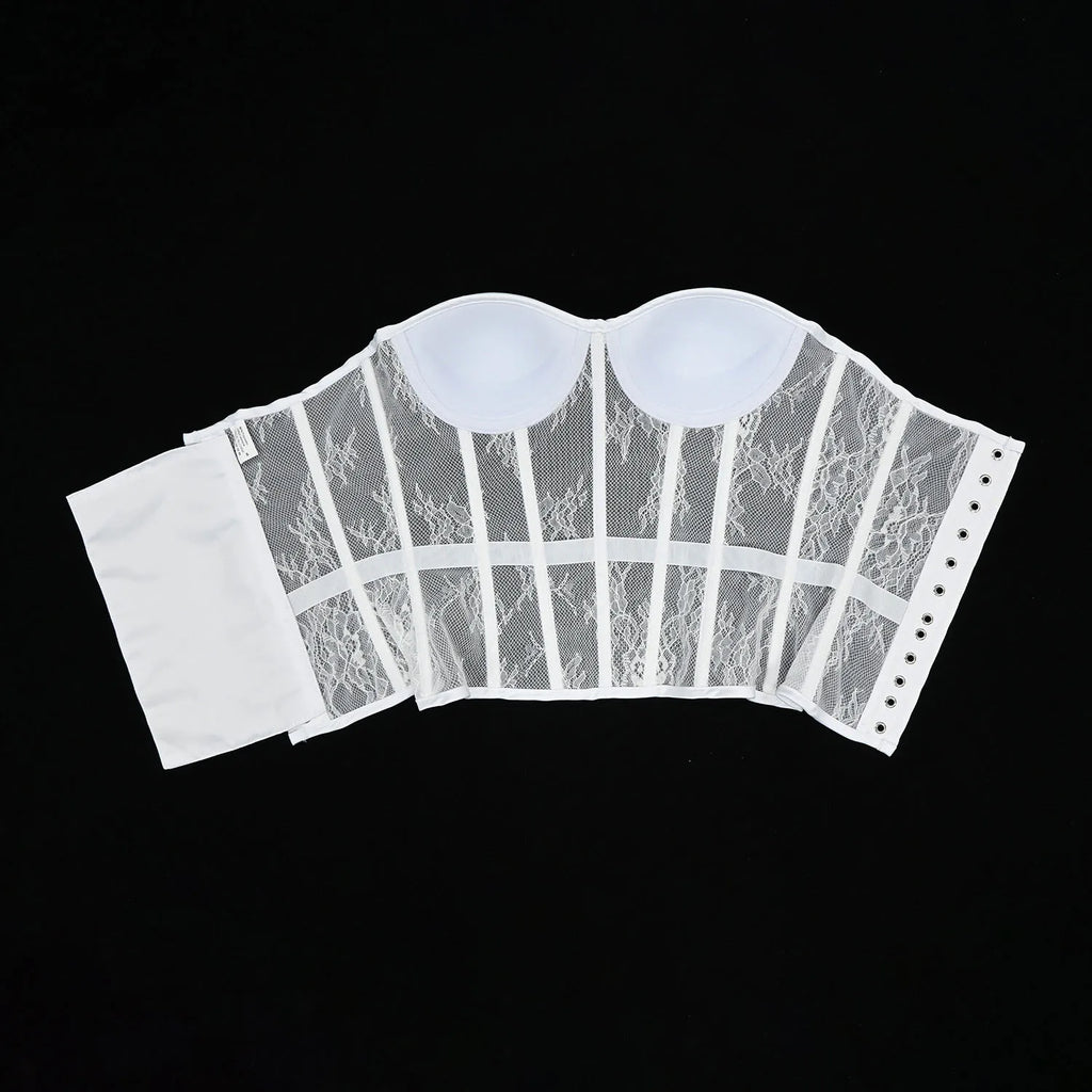 Aço osso korset mulher oco para fora sutiã de renda sem alças bustier superior malha lingerie feminina preto branco biege espartilho