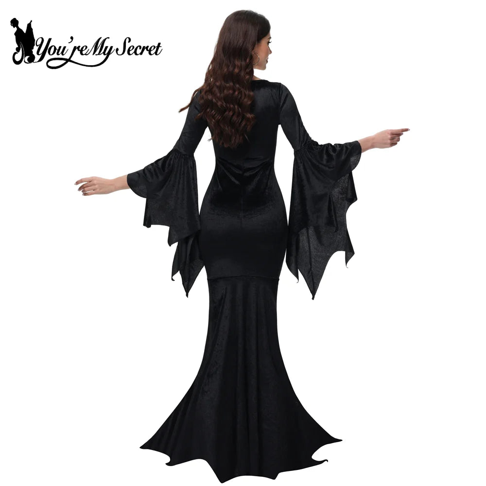 [You're My Secret] Halloween Morticia Adams Primate Black Adams Family Dress Retro Gótico Manga Alargada Vestido rabo de peixe