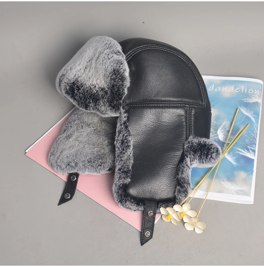 Novo unissex real rex pele de coelho bombardeiro chapéu ushanka boné trapper russo das mulheres dos homens chapéus de esqui bonés de couro de pele de carneiro real inverno quente