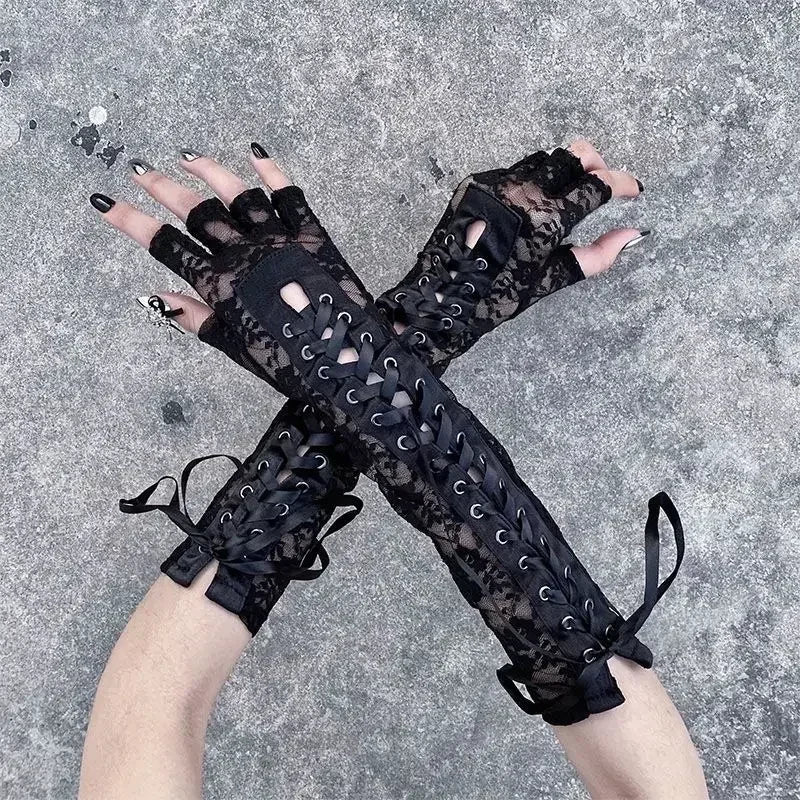 Luvas de Renda Gótica Fishnet até o Cotovelo