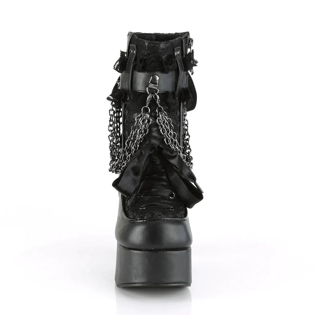 Estilo gótico corrente rendas até arco botas curtas femininas retro dedo do pé redondo salto quadrado plataforma grossa tornozelo botas punk senhoras sapatos de festa