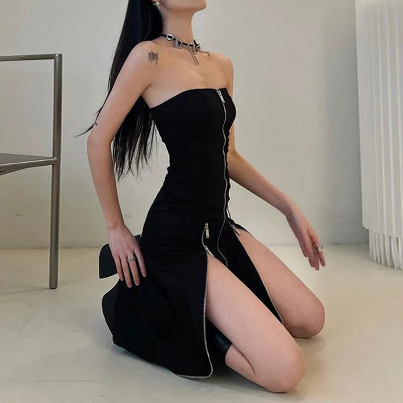 Goth escuro techwear moda zip up midi vestidos cyber y2k shopping gótico split feminino tubo vestido partywear punk fora do ombro outfits