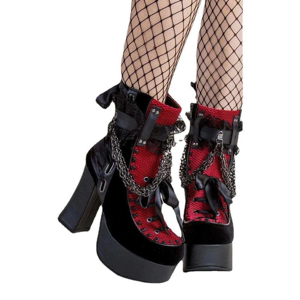 Estilo gótico corrente rendas até arco botas curtas femininas retro dedo do pé redondo salto quadrado plataforma grossa tornozelo botas punk senhoras sapatos de festa