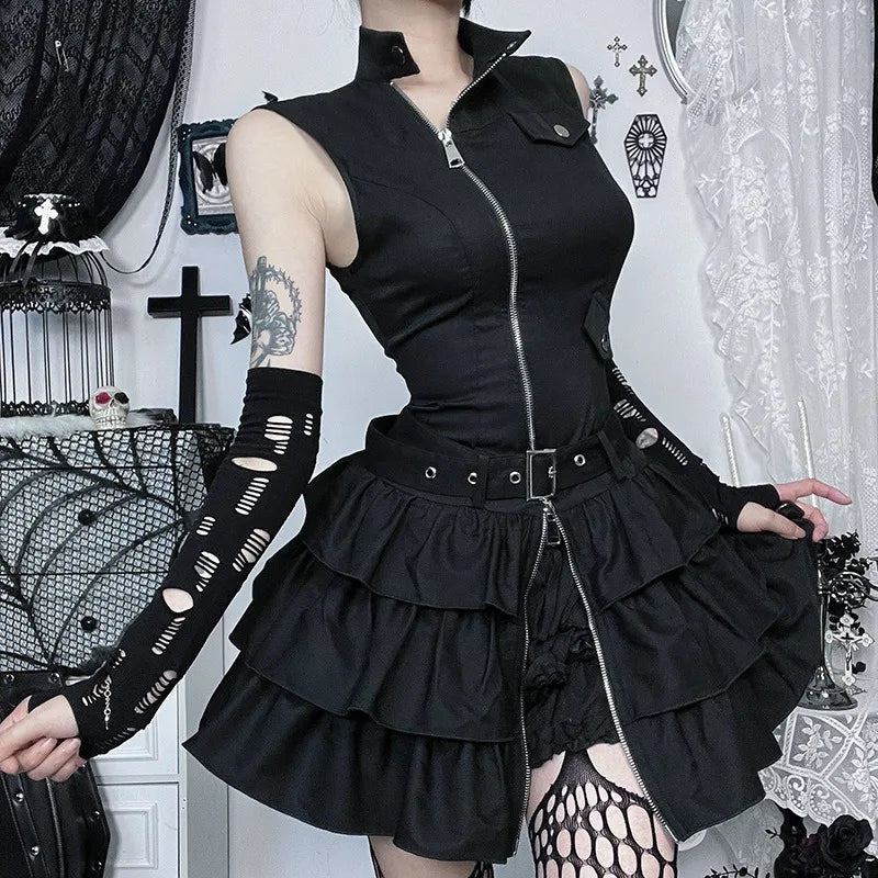 Kimutomo y2k sem mangas punk vestido feminino vintage harajuku suporte pescoço zíper mini vestidos de verão babados grunge festa gótica