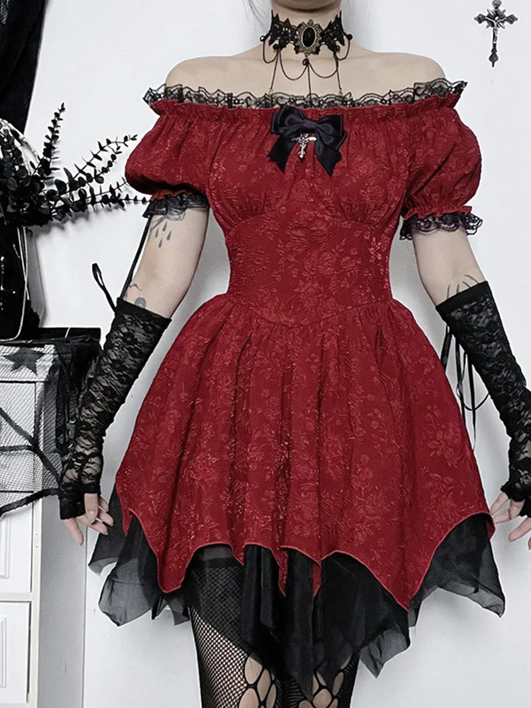 Altgoth escuro academia gótico vestido feminino harajuku streetwear fairycore grunge rendas retalhos puff manga vestido de cintura alta feminino