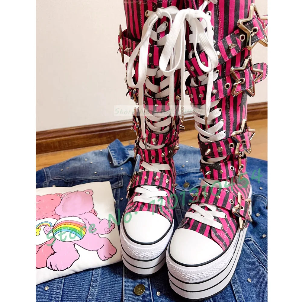 Preto listrado plataforma sapatos de lona longa menina doce metal estrela fivela de cinto botas de renda moda dedo do pé redondo legal lolita sapatos