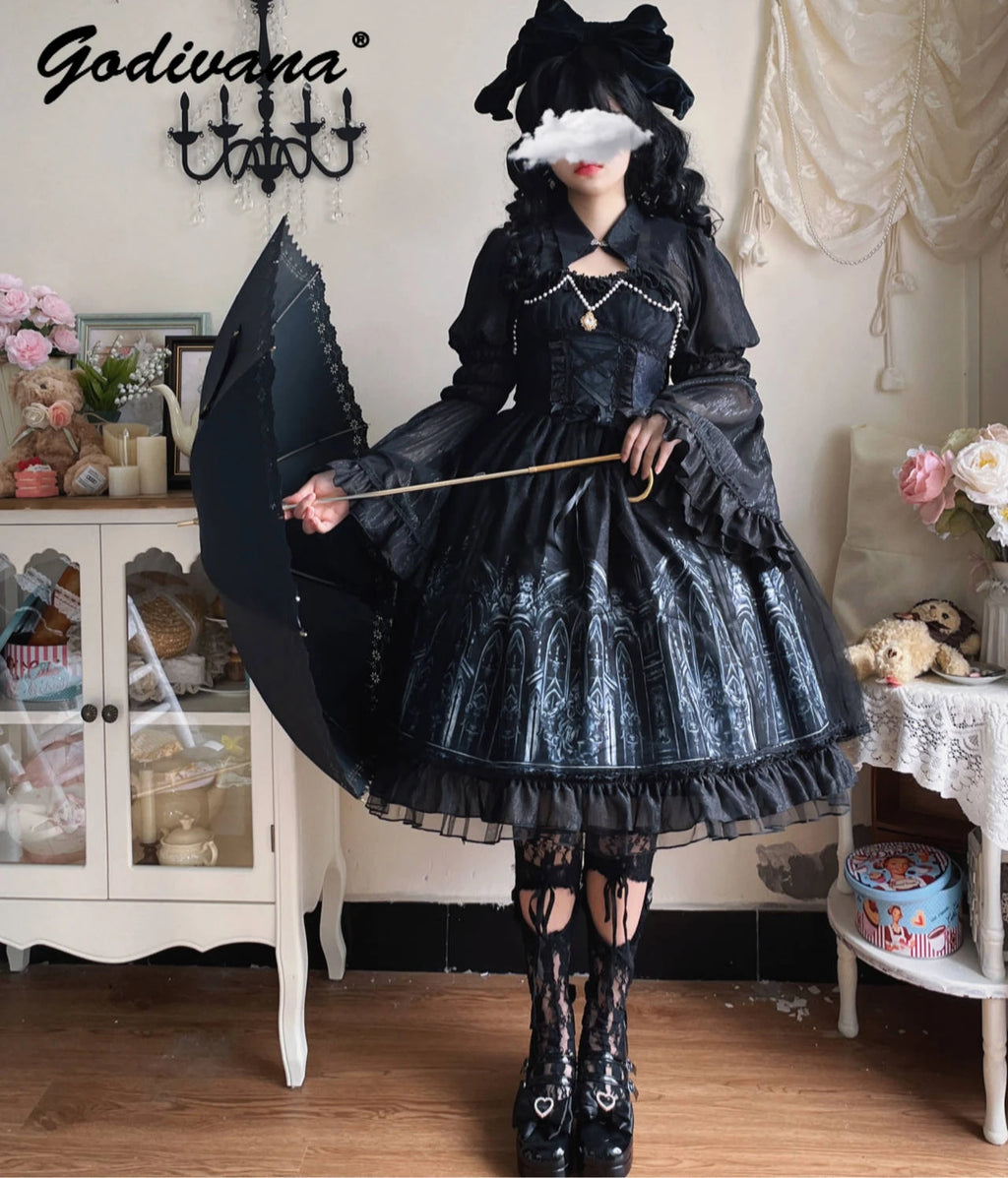 Original halloween lolita vestido nova primavera e verão feminino meninas escuro gótico jsk vestido manga alargamento capa camisa