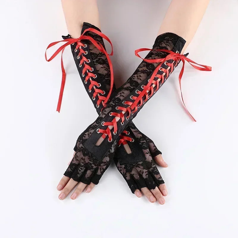Luvas de Renda Gótica Fishnet até o Cotovelo