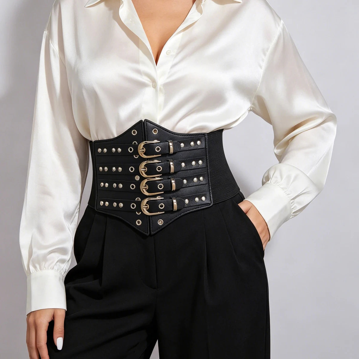 Novo Cinto Largo Punk Preto em Couro PU para Mulheres, Cintos Modeladores de Cintura Alta Elásticos, Cintos Pretos para Vestidos Femininos.