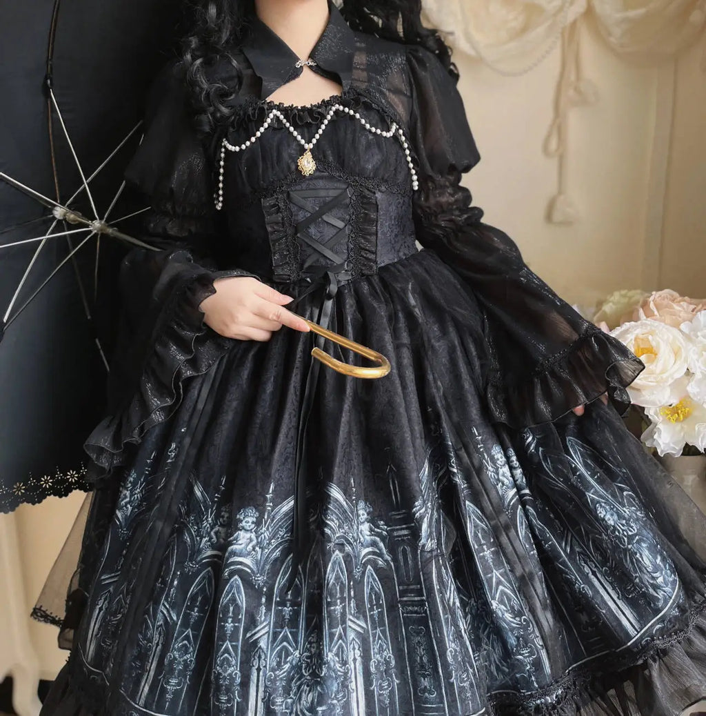 Original halloween lolita vestido nova primavera e verão feminino meninas escuro gótico jsk vestido manga alargamento capa camisa
