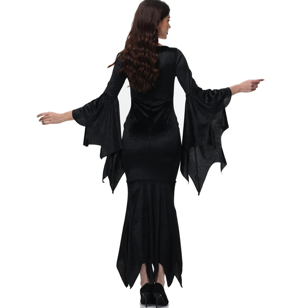 [You're My Secret] Halloween Morticia Adams Primate Black Adams Family Dress Retro Gótico Manga Alargada Vestido rabo de peixe