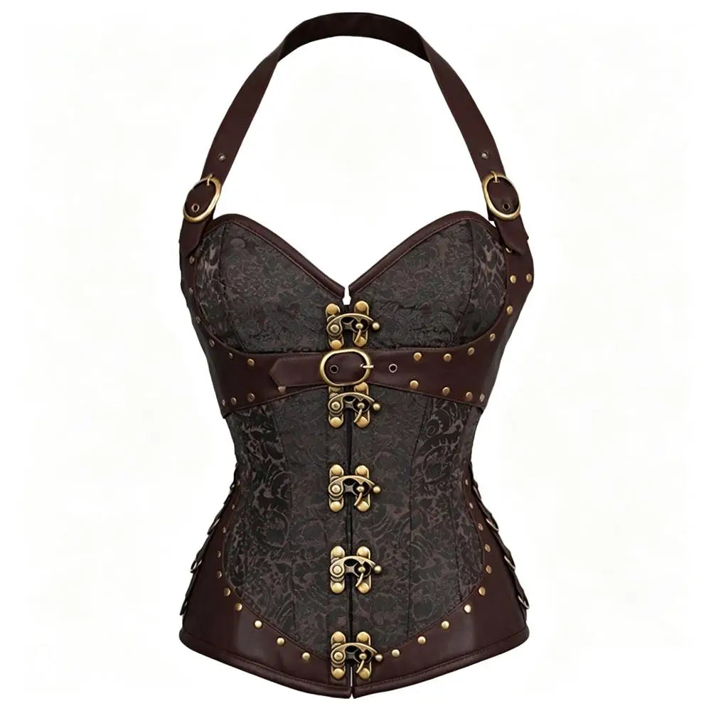 Corset Feminino Estilo Vitoriano Gótico com Alça no Pescoço e Botões - Top Modelador Bustiê