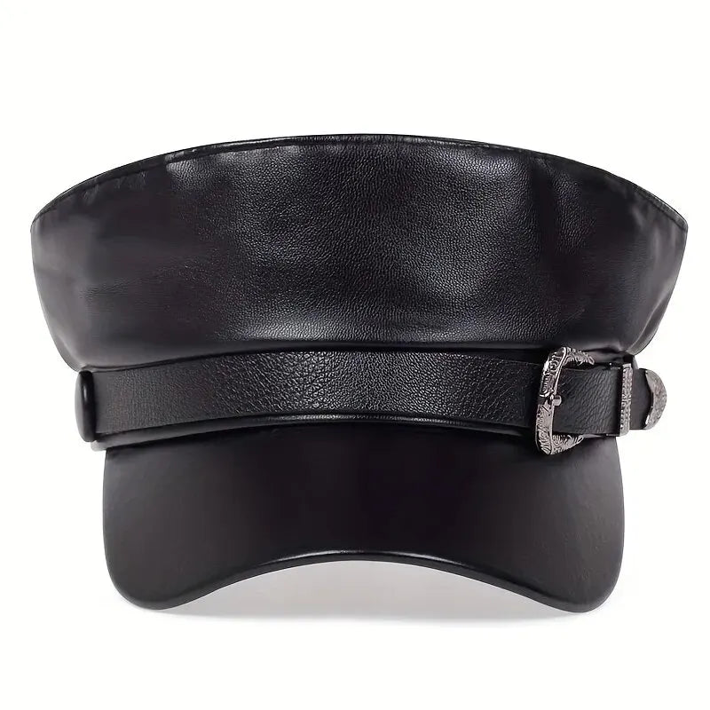 Boina de couro masculina e feminina com fivela de cinto, bonés de marinheiro preto, parte superior plana, bonés de capitão militar, moda feminina, grande, primavera, outono