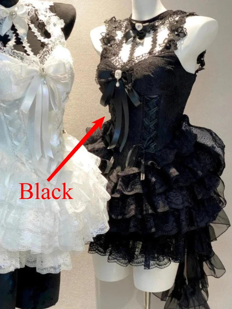 Vestido Gótico Vintage Japonês E-girl para Mulheres, Vestido Mini com Gola Alta, Manga Curta, Laço e Renda, Cintura Ajustada, Vestido Preto Doce e Picante