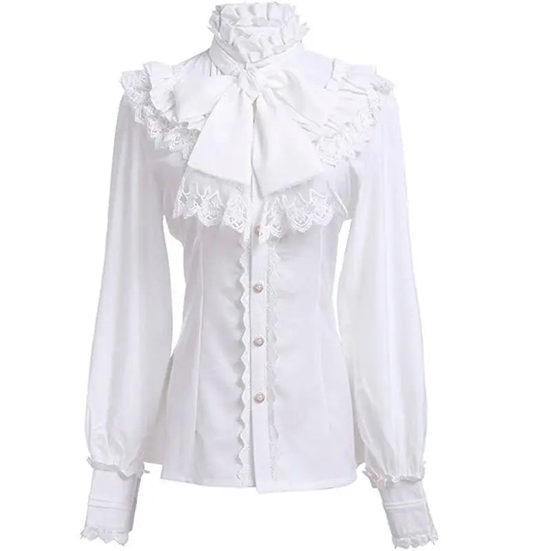 Nova Chegada Verão 2026: Blusa Feminina Vintage com Gola Franzida, Gola Alta, Detalhe em Renda e Botões – Elegante Estilo Gótico