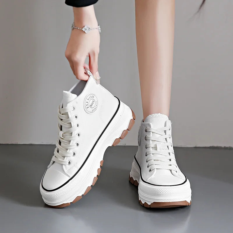 2024 novas mulheres tênis de alta qualidade rendas-up casual plarform altura lona antiderrapante resistente ao desgaste primavera feminino vulcanizar sapatos