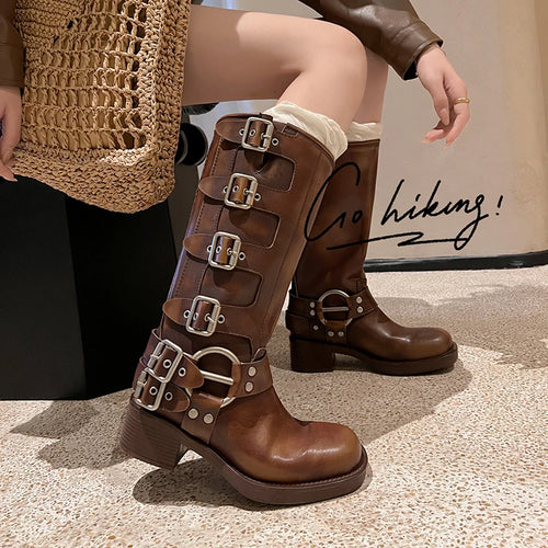 Botas Altas de Couro Genuíno para Mulheres com Fivela de Metal, Bico Quadrado, Estilo Punk, Salto Grosso, Botas de Motociclista