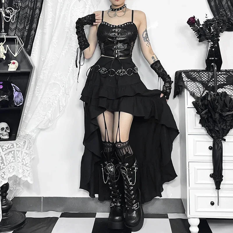 Goth escuro kawaii preto em camadas saias 90s retro irregular hem festa bottoms shopping gótico moda feminina arrastando saia alt roupas