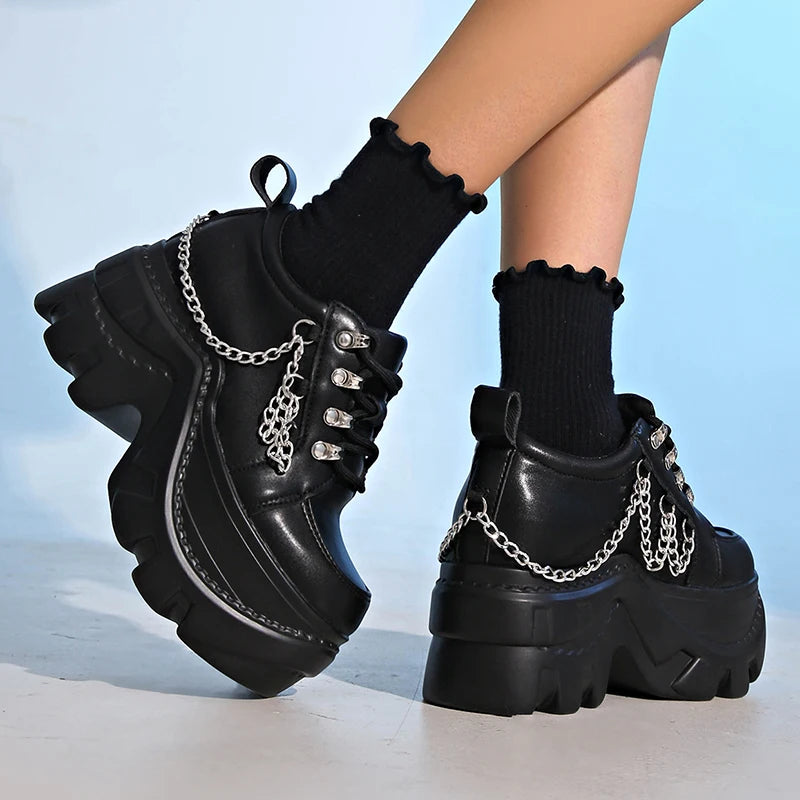 Gótico punk chunky tênis para mulher preto corrente decoração plataforma sapatos esportivos mulher sola grossa não deslizamento punk tênis plus size