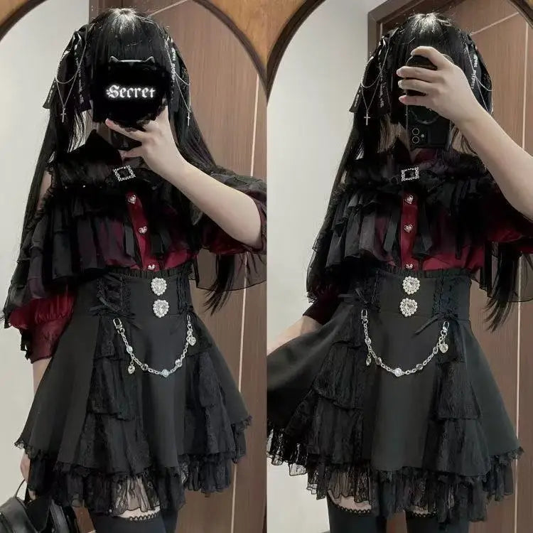 Minissaia Feminina Estilo Lolita Doce Japonês, Retro Elegante, com Renda e Faixas, Saias de Festa em Camadas, Gótica Y2k com Fivelas Metálicas