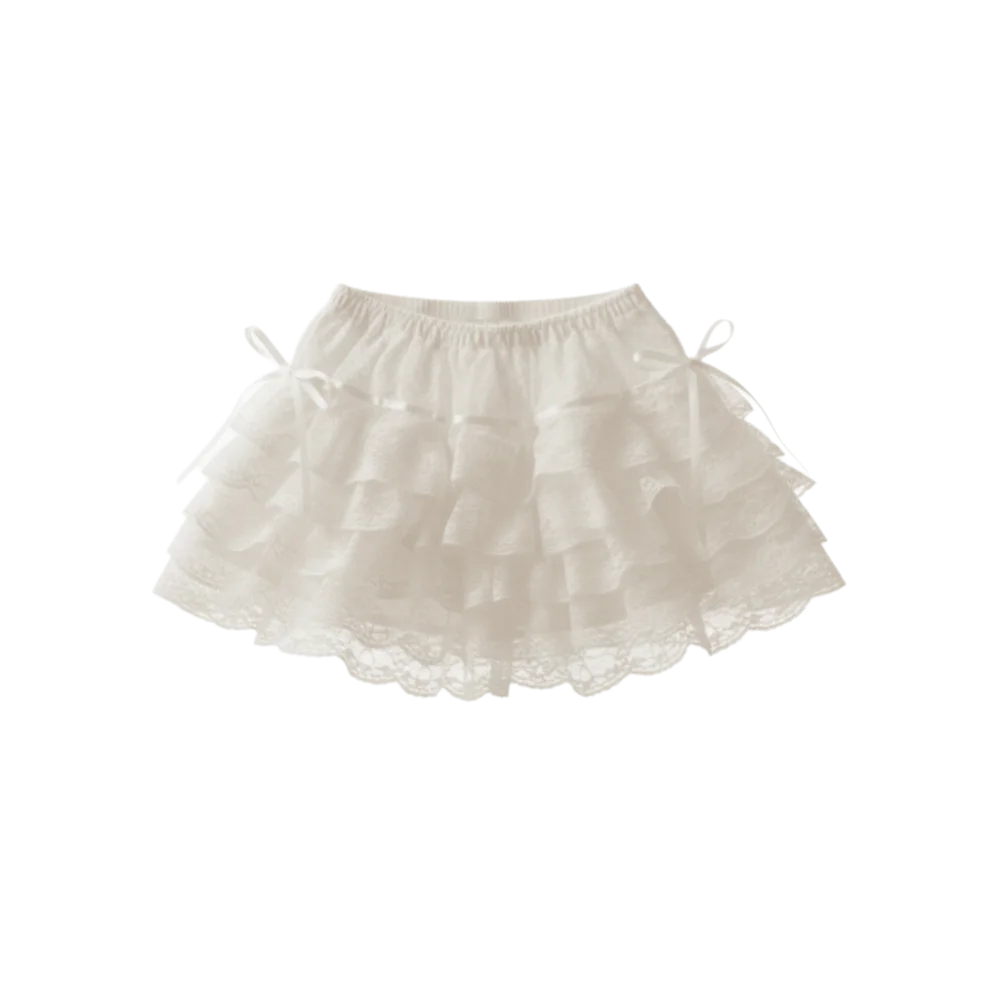 Shorts de Renda com Laço e Flores Estilo Lolita, com Cordão e Babados em Camadas, Saia de Renda de Verão, Calças de Suporte e Peça Externa