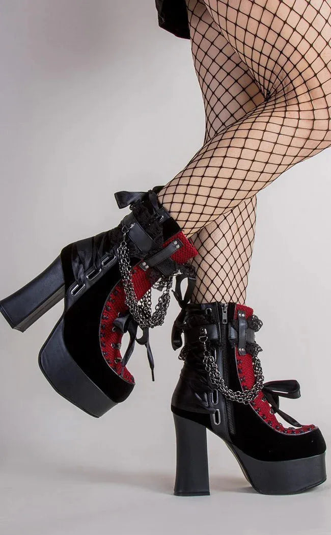 Estilo gótico corrente rendas até arco botas curtas femininas retro dedo do pé redondo salto quadrado plataforma grossa tornozelo botas punk senhoras sapatos de festa