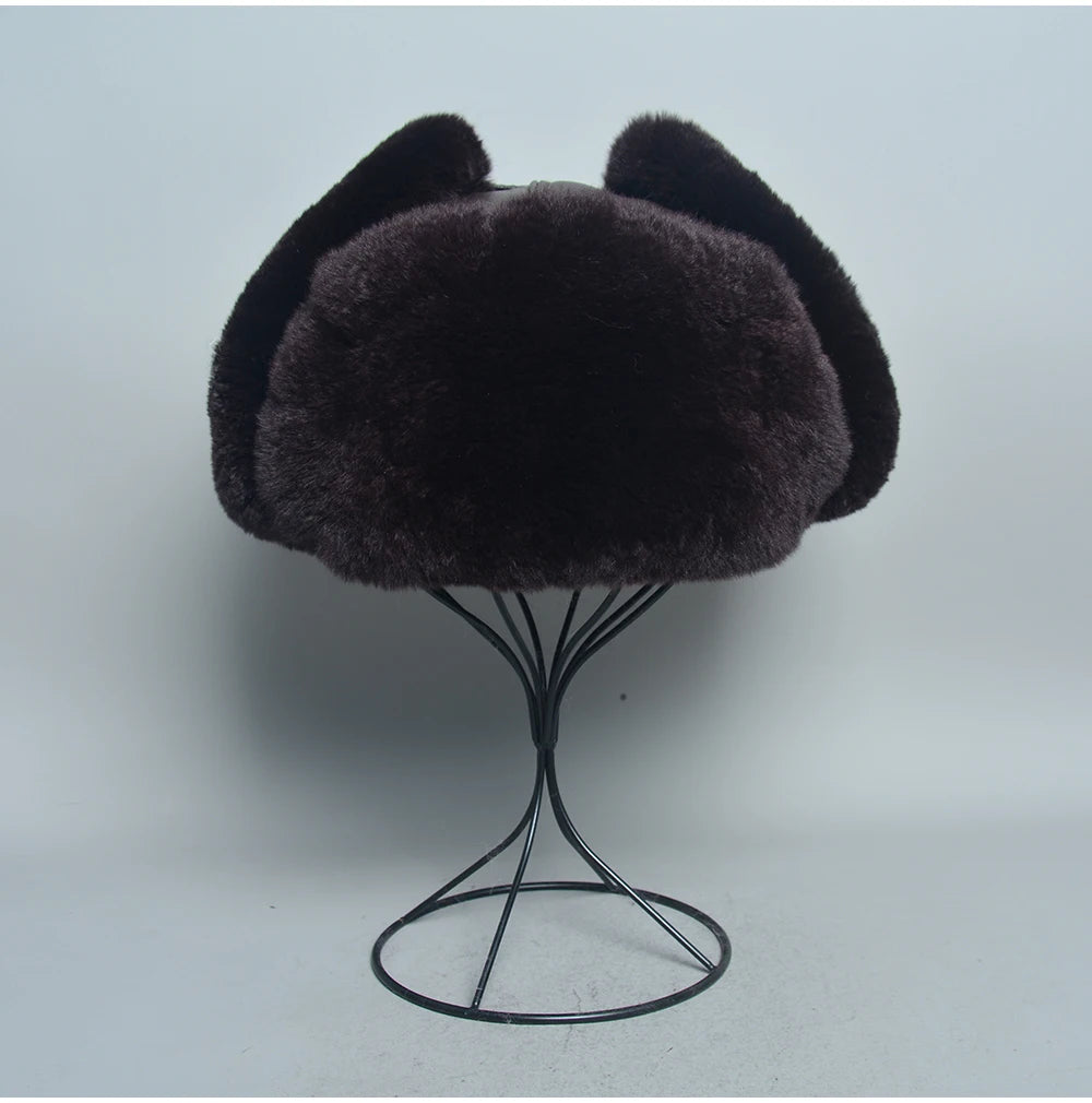 Novo unissex real rex pele de coelho bombardeiro chapéu ushanka boné trapper russo das mulheres dos homens chapéus de esqui bonés de couro de pele de carneiro real inverno quente