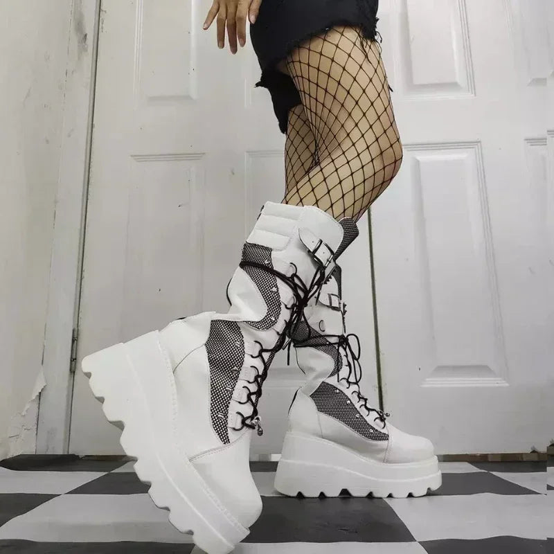 Mulheres botas altas cosplay meados de bezerro botas de plataforma alta cunhas botas 2025 outono inverno novo designer sapatos góticos para mulher botas