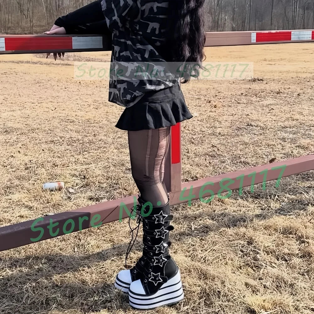 Preto listrado plataforma sapatos de lona longa menina doce metal estrela fivela de cinto botas de renda moda dedo do pé redondo legal lolita sapatos
