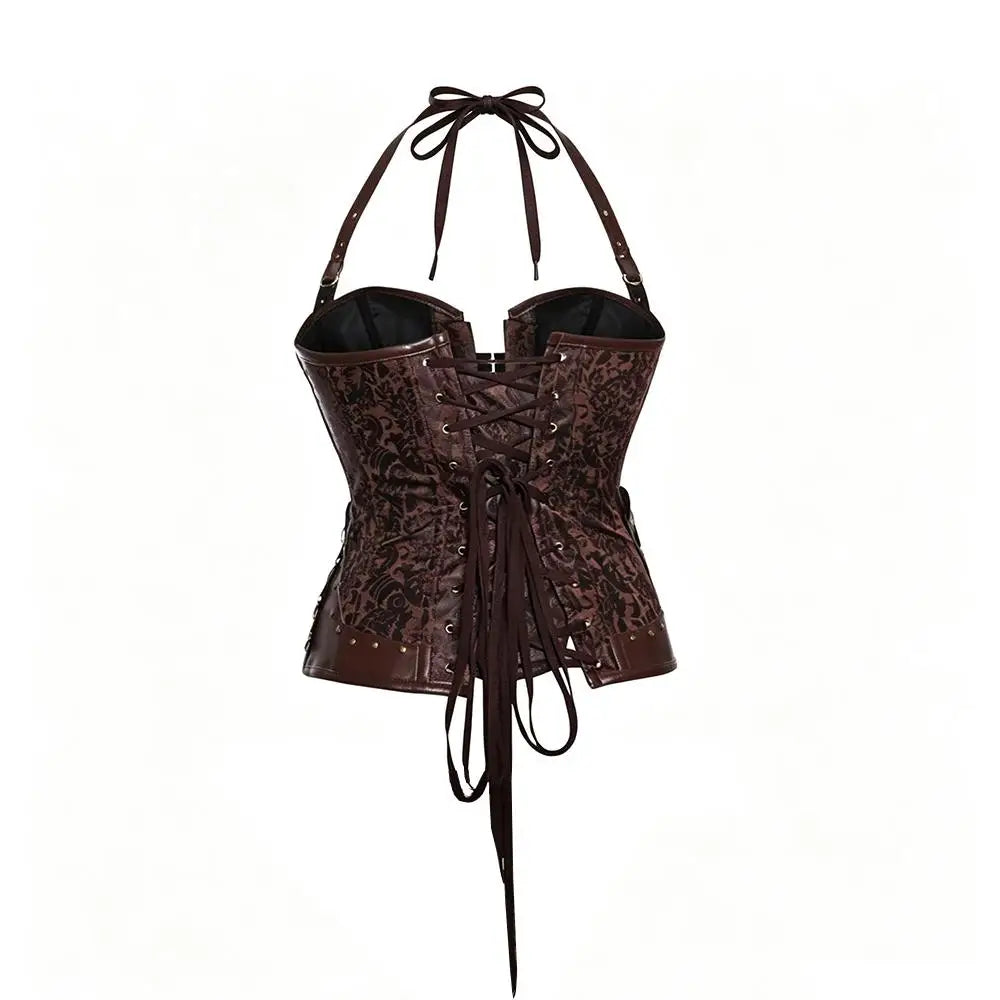 Corset Feminino Estilo Vitoriano Gótico com Alça no Pescoço e Botões - Top Modelador Bustiê
