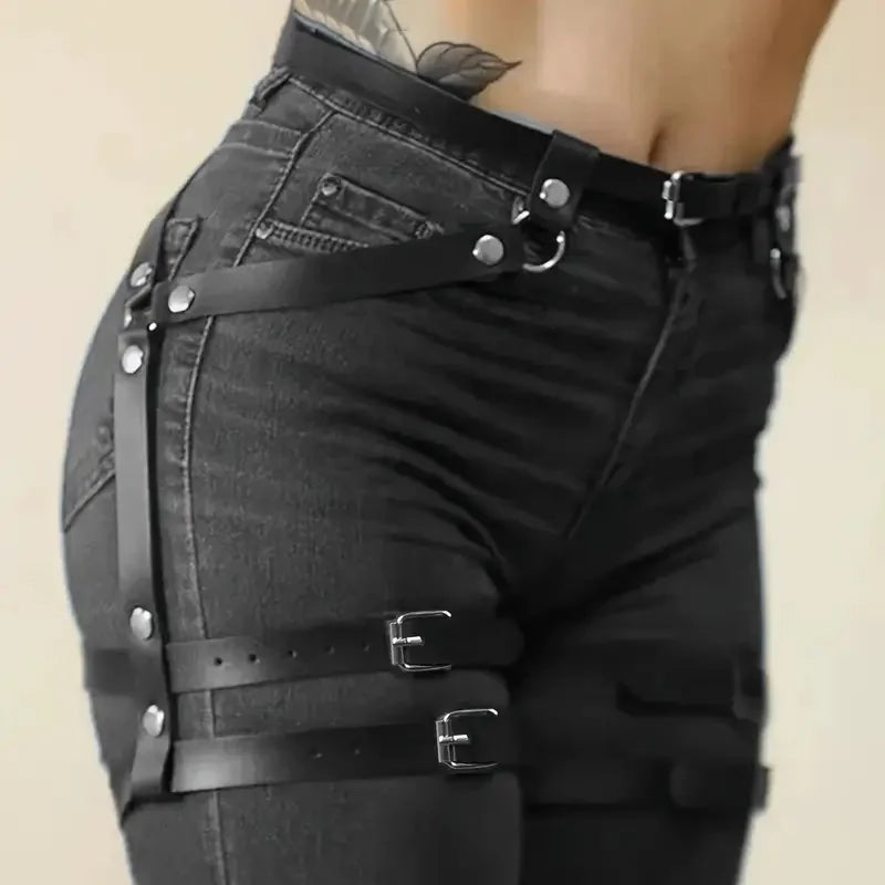 Moda feminina couro do plutônio perna arnês corpo arnês peito punk gótico perna liga cintos gótico cinto roupas accessor