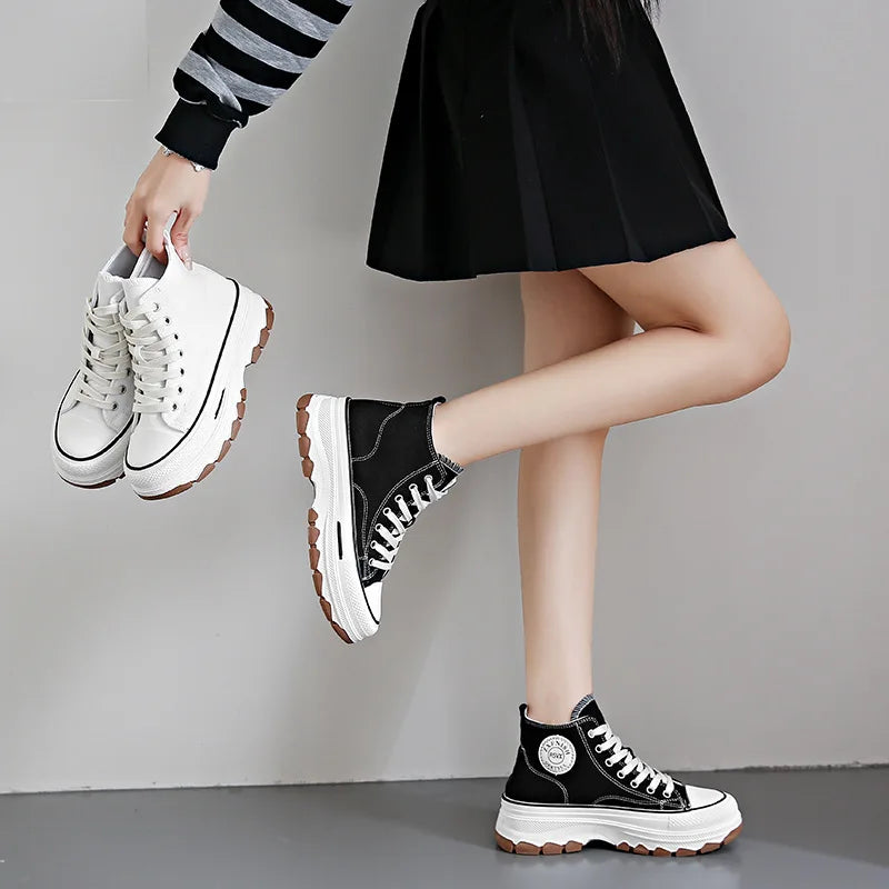 2024 novas mulheres tênis de alta qualidade rendas-up casual plarform altura lona antiderrapante resistente ao desgaste primavera feminino vulcanizar sapatos