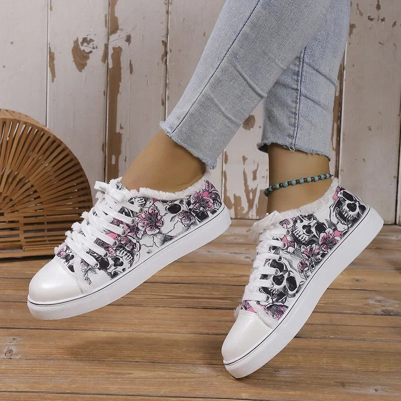 Crânio feminino morcego padrão sapatos vulcanizados sapatos planos moda rendas até tênis feminino casual respirável sapato de lona 2024