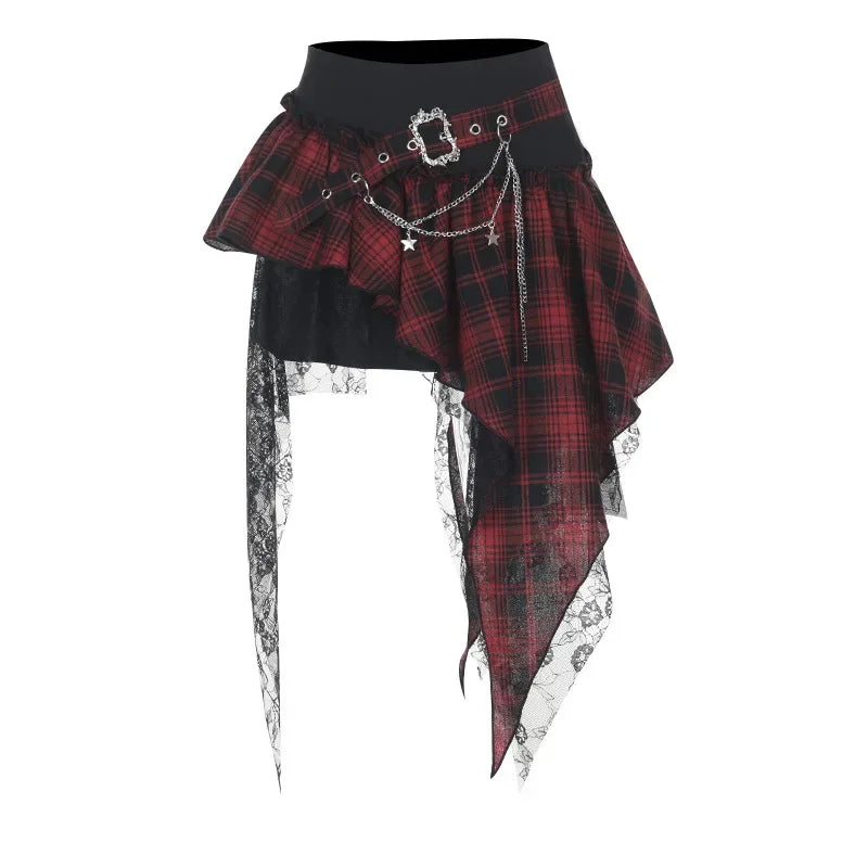 Saia punk gótica feminina streetwear harajuku irregular retalhos saia xadrez vermelha hotsweet y2k clubwear saia